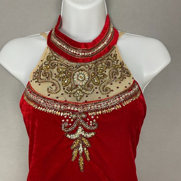 Beaded Dress Velvet Girls Maxi Red Cream Halter Tank Dance‎ Detailed FLAWS - Picture 7 of 16